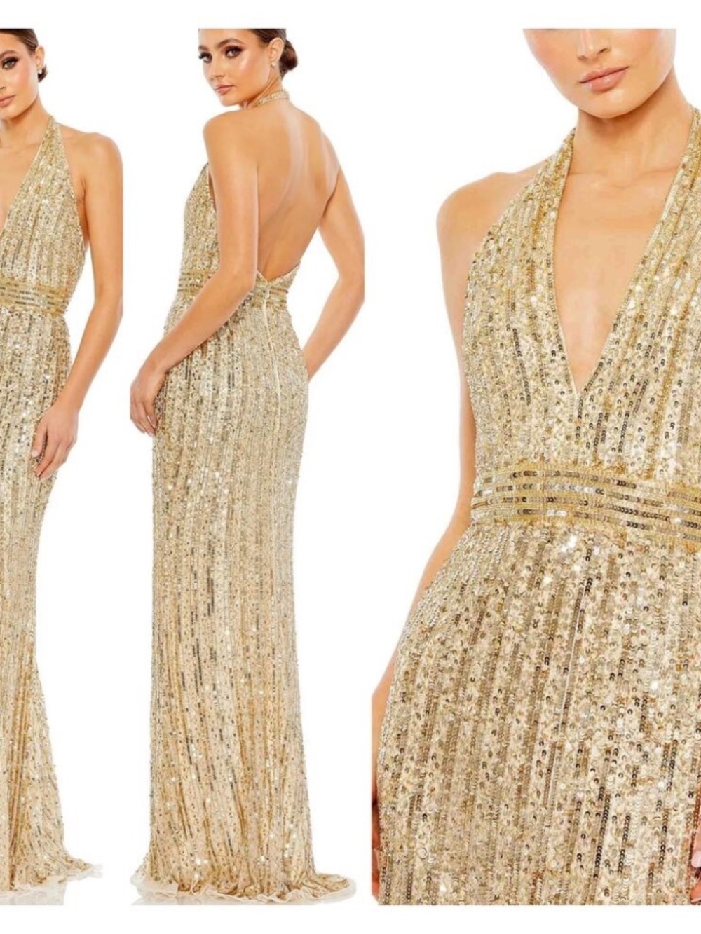 NWT Mac Duggal Gold Sequined Halter Strap Trumpet Gown Size 4 Side 5759